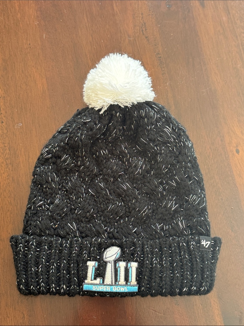 47 Brand  Black Knit Pom Beanie with White Pom and Super Bowl LII Patch